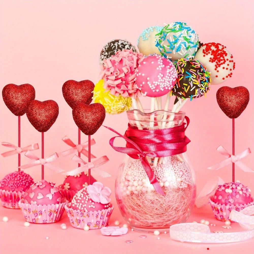 50 Pcs Glitter Foam Hearts Picks Valentine's Day Sparkly Foam Hearts Stems Wooden Glitter Heart Puffy Heart Picks for Valentine Flower Arrangements