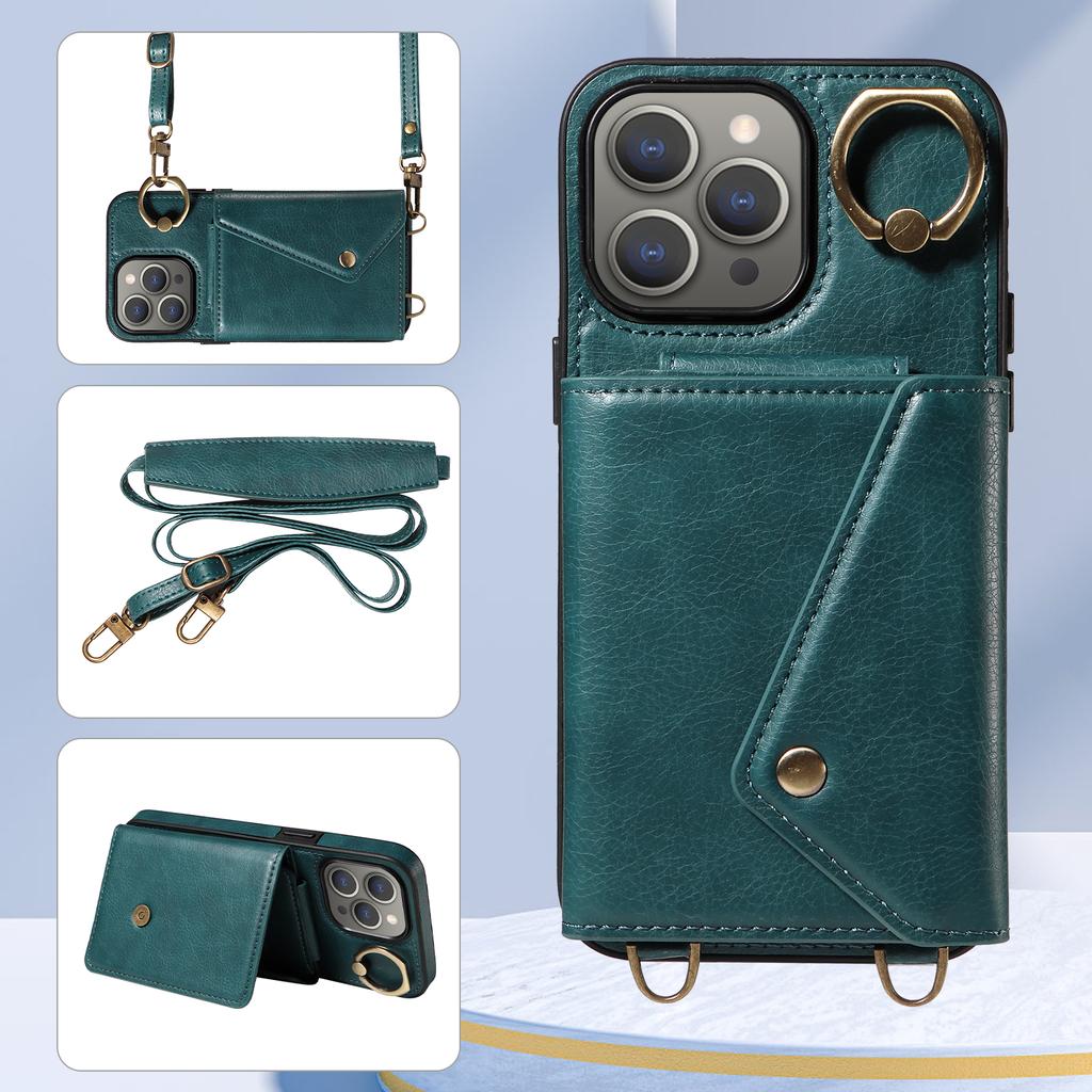 Для iPhone 15 серии. Для iPhone 15, 15 Plus, 15 Pro, 15 Pro Max плечевой ремень веревка кольцо кронштейн дизайн держатель для карт слоты личи узор чехол для телефона