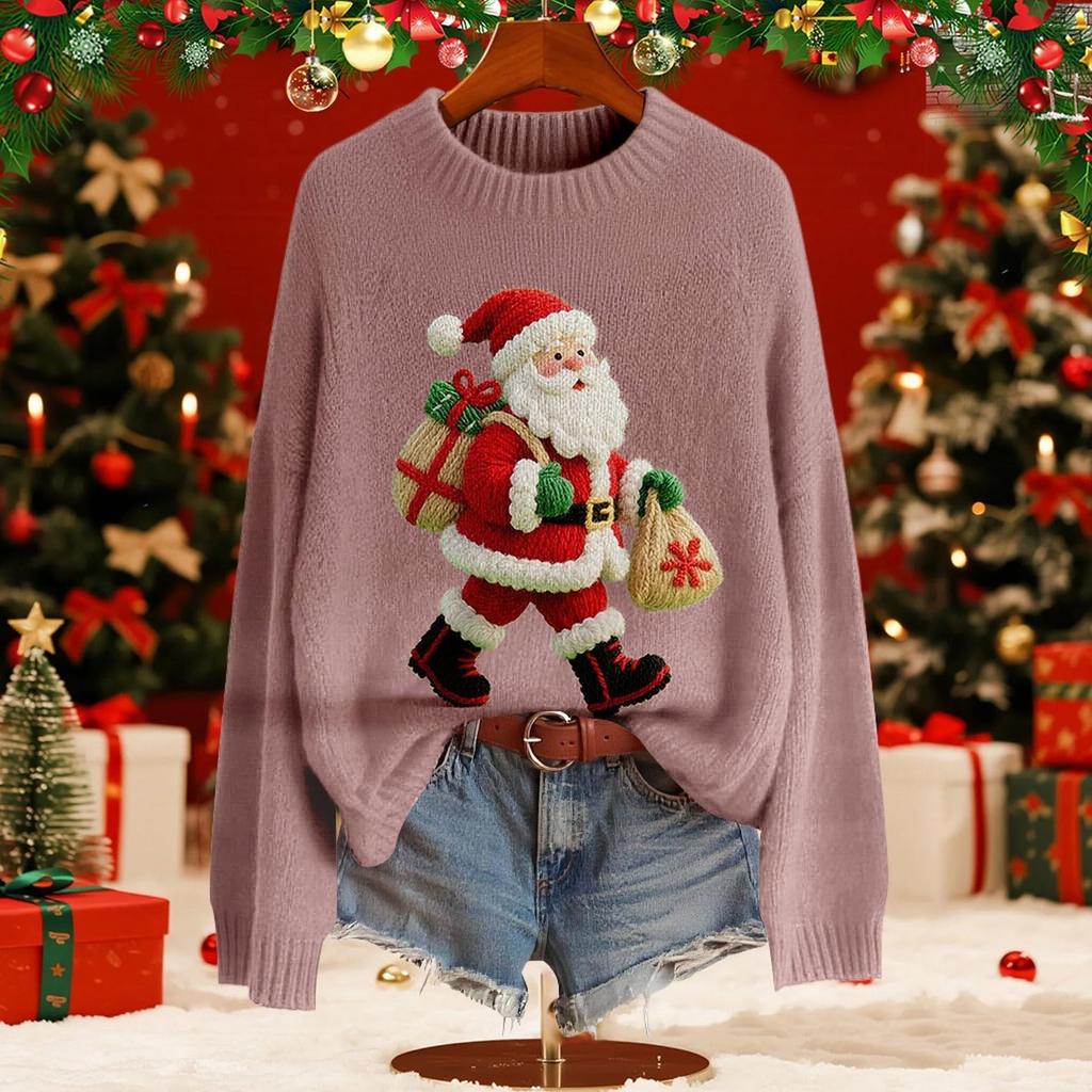 Женский модный пуловер с рождественским принтом, с длинным рукавом и вырезом под горло, вязаный свитер-топ