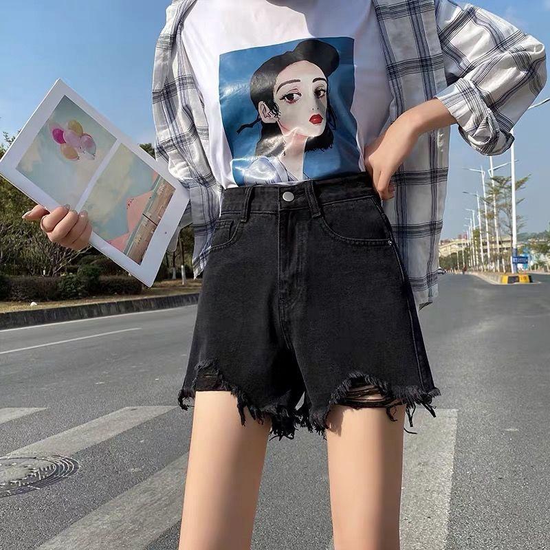 Classic and Minimalist Fashion Versatile Broken Holes Female Summer Light-colored High-waisted Thin Ragged Loose Wide-legged A Word Denim Shorts
