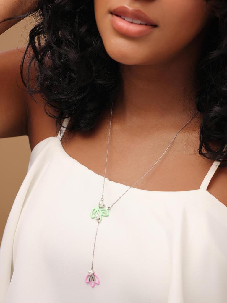 Kicky and Perky 925 Sterling Silver Green and Pink Enamel Studded with Pearl Floral Dangling Pendant with Chain for Women