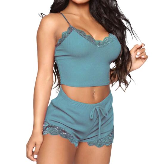 Женский пижамный комплект с кружевом и V-образным вырезом без рукавов, эластичный топ с эластичной резинкой и высокой талией, тонкий