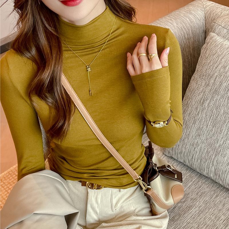 Женский облегающий топ с полувысоким воротником средней высоты и длинными рукавами, базовый слой, обтягивающая однотонная футболка для весны, осени и зимы