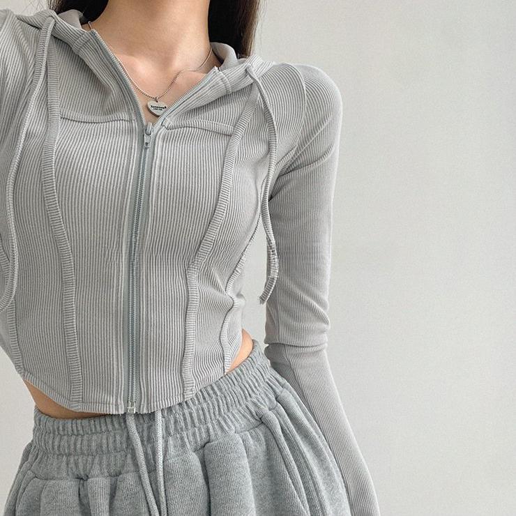 Кардиган на молнии с капюшоном, женский весенний тонкий спортивный пальто в стиле ретро, ​​удобный простой универсальный короткий укороченный топ с длинными рукавами