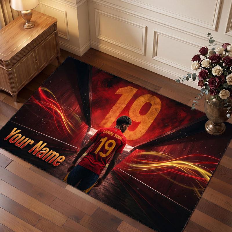 Lamine Yamal Custom Crystal Velvet Rug, Personalized Name Text Print, Football Logo Soft Non‑Slip Floor Mat Home Decor Gift