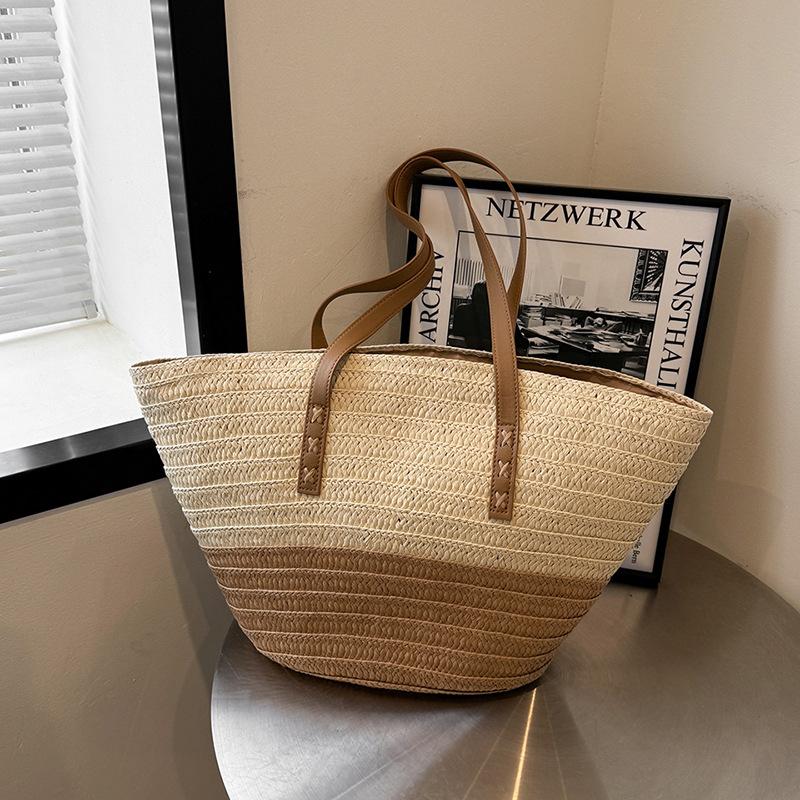 Соломенная сумка большой вместимости, женская новая сумка-тоут на плечо в стиле кэжуал для отпуска, плетеная пляжная сумка
