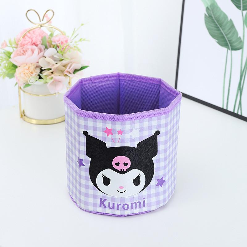 Pu Cartoon Grid Round Storage Bin With Foldable Design For Desk Organization And Office Use