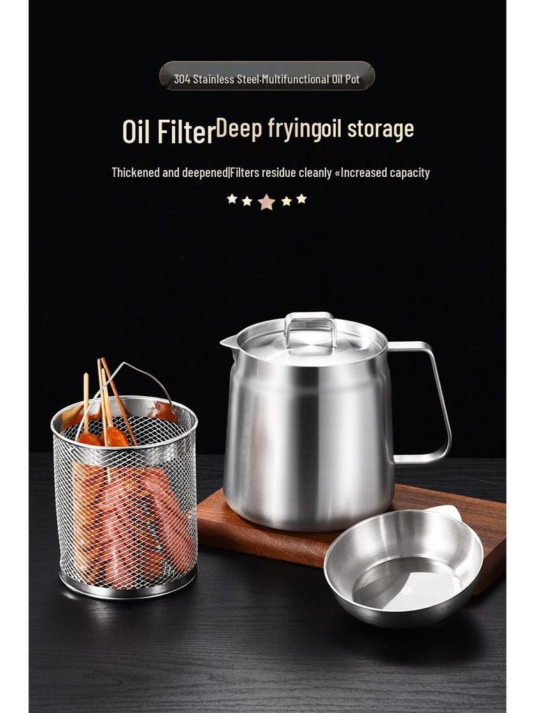 304 Stainless Steel Oil Filter Pot with Screen - Large Capacity Oil Storage and Residue Filtering Bottle