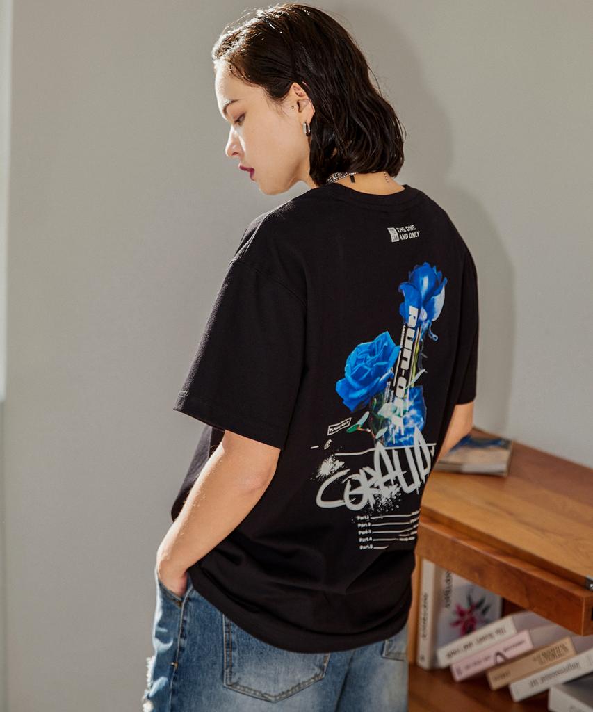 CORALIAN Runoff Blue Rose Mesh Cotton Short Sleeve T-Shirt Black