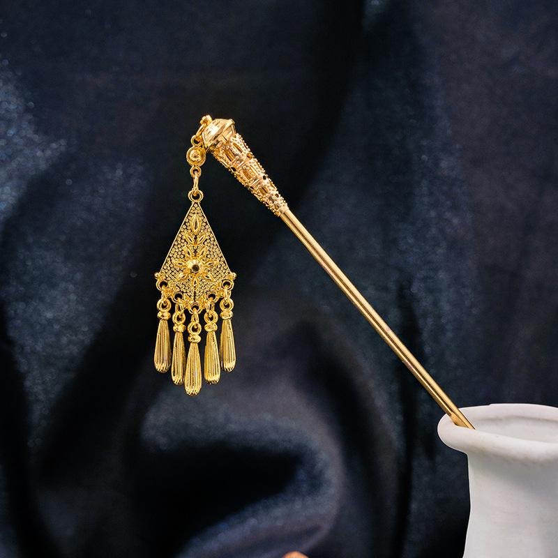 Hollow Geometric Tassel Hairpin for Women - Ethnic Style with Water Drop Leaf Round Design, Hanfu Accessory