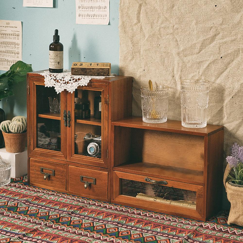 1 шт. Винтажный двухдверный шкаф-витрина из массива дерева, ящик для мелочей и косметики, деревянный настольный ящик для хранения