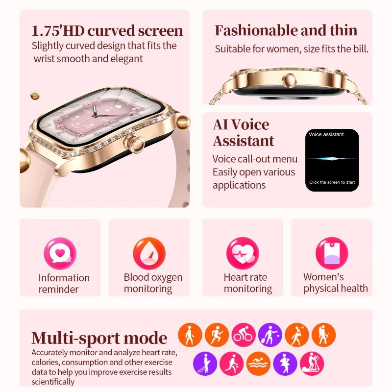 2025 New Fashion Smart 1.75" HD Display Watch Women AMOLED Curved Screen IP68 Waterproof Health Call Smartwatch Apple Watch Ladies for Lady Gift