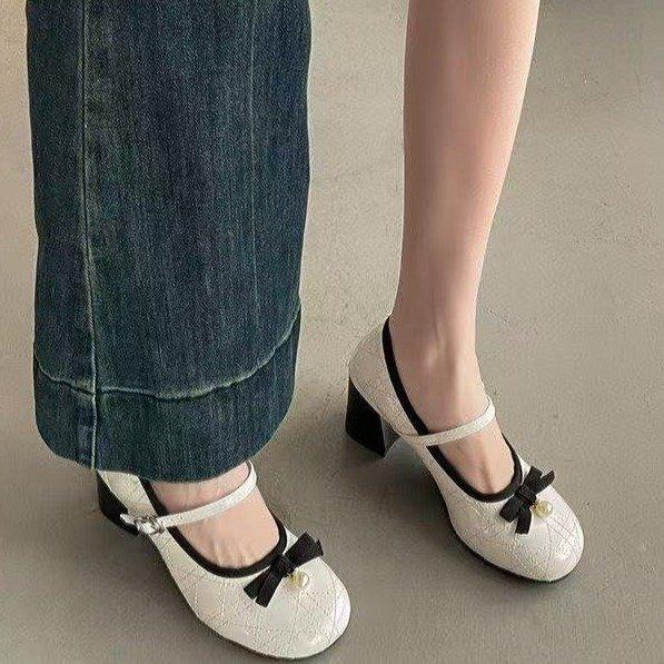 Bow Small Fragrant Style High Heel Mary Jane Shoes Women's 2025 New Spring Pearl Square Head Temperament Thick Heel Single Shoes
