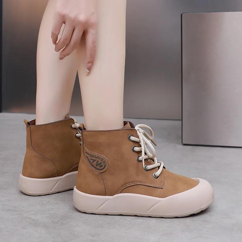 Женская обувь Зимние ботинки Корейские плюшевые Комфортные Для улицы Противоскользящие Хлопковые ботинки Зима На шнуровке Платформа Короткие ботильоны