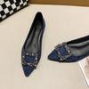 Shallow Mouth Pointed Head Soft Sole Professional Work Shoes Women's 2025 Spring and Summer New Fashion Flat Bottom Rhinestone Square Buckle Single 