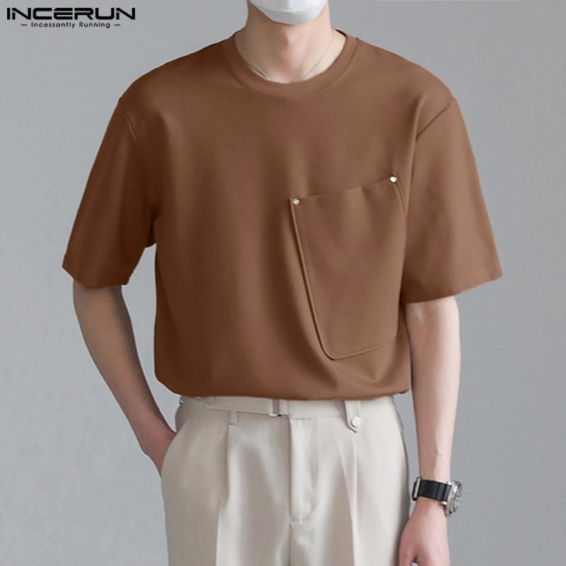 INCERUN Мужская дизайнерская простая однотонная футболка с короткими рукавами и большим карманом
