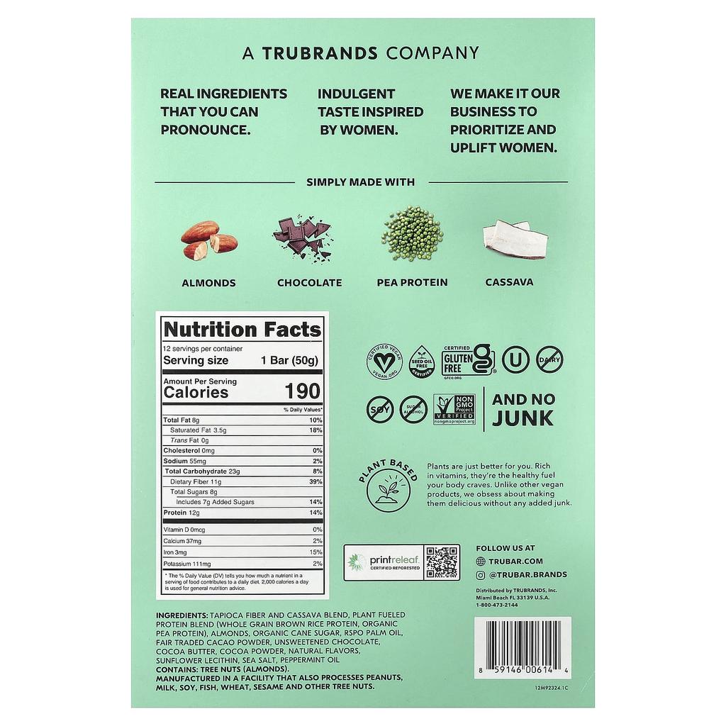 Trubar, Plant-Based Protein Bar, It's Mint To Be Chips, 12 Bars, 50g (1.76oz) Each