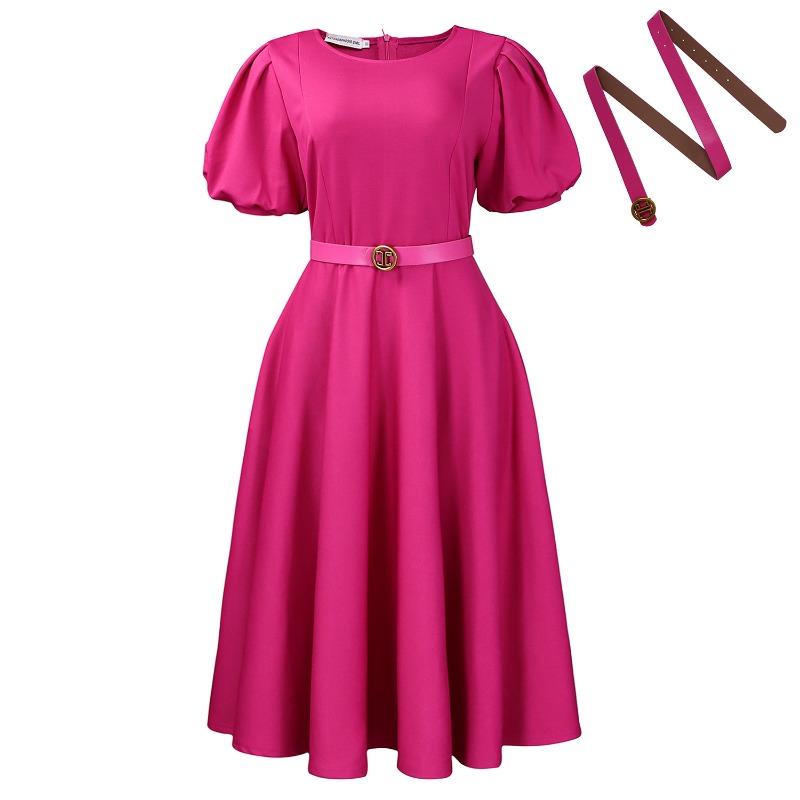 Женское летнее модное платье с рукавами-пузырями, элегантное, с высокой талией, однотонное, с круглым вырезом, с большой юбкой