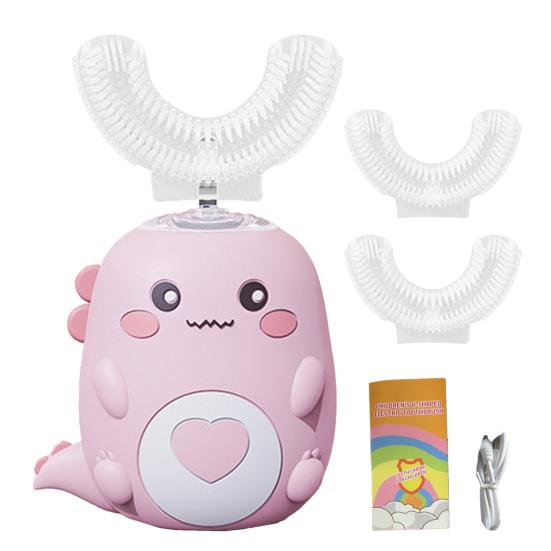 Детская U-образная ультразвуковая электрическая зубная щетка с 2 силиконовыми насадками, водонепроницаемая IPX7, автоматическая, мультяшный динозавр, для малышей, мальчиков, девочек, перезаряжаемая