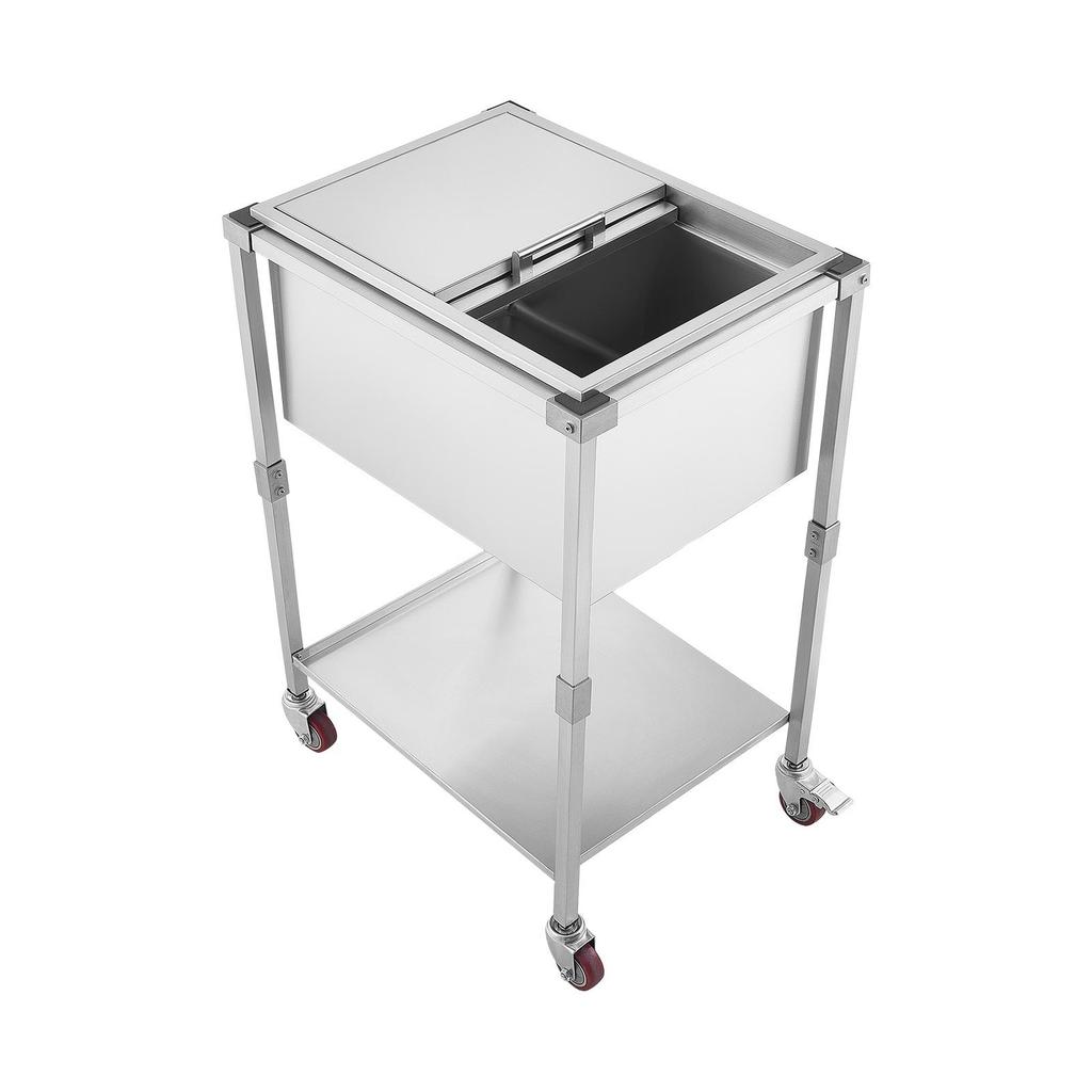 Rolling Ice Chest Cooler Cart Stainless Steel Cooling Bin 42.4 L, Outdoor Stand Up Cooler Trolley with Wheels, Sliding Lid, Shelf, for Patio Backyard