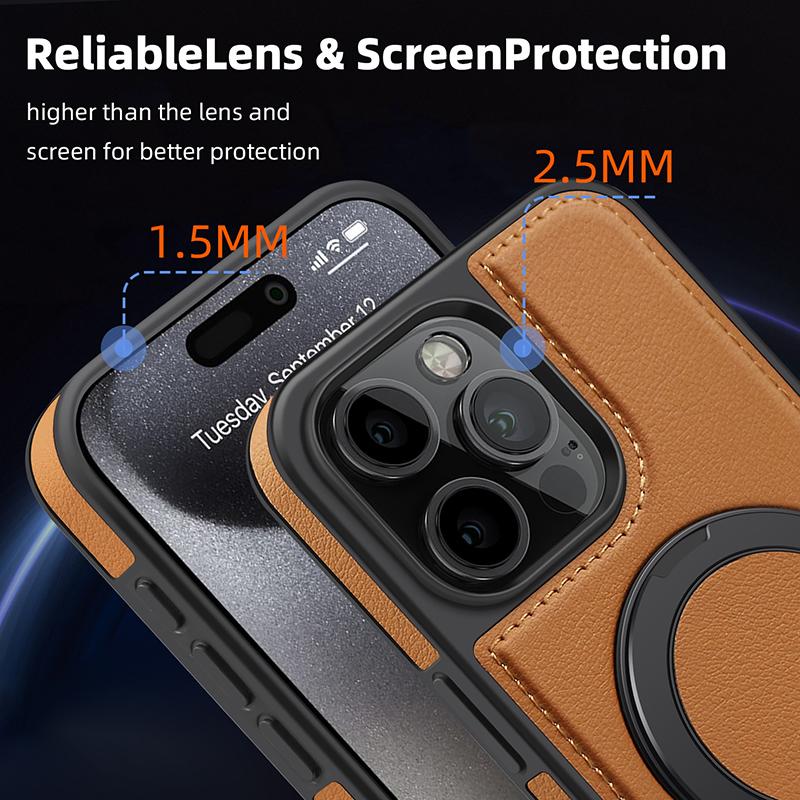 Деловой кожаный вращающийся кронштейн Чехол для телефона для iPhone 17 16 15 14 13 12 11 Pro Max Plus Magsafe Магнитное кольцо Подставка Держатель Чехол