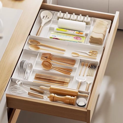 ZATAO Cutlery Case, 4-Sided Expandable, Sliding Cutlery Storage, Approx. W27-51 x D27-51 x H5, Stationery, Cosmetics, and Small Items, Drawer Dividers