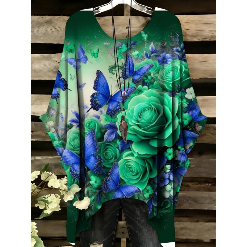 Women Floral Butterfly Print Loose Tunic Top