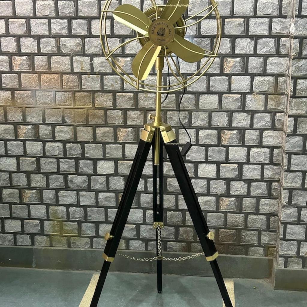 Pedestal Fan Brass Antique On Black Tripod Royal Navy Retro Modern Electric Industrial Floor Fan For Corner Home Decor Housewarming Gifts