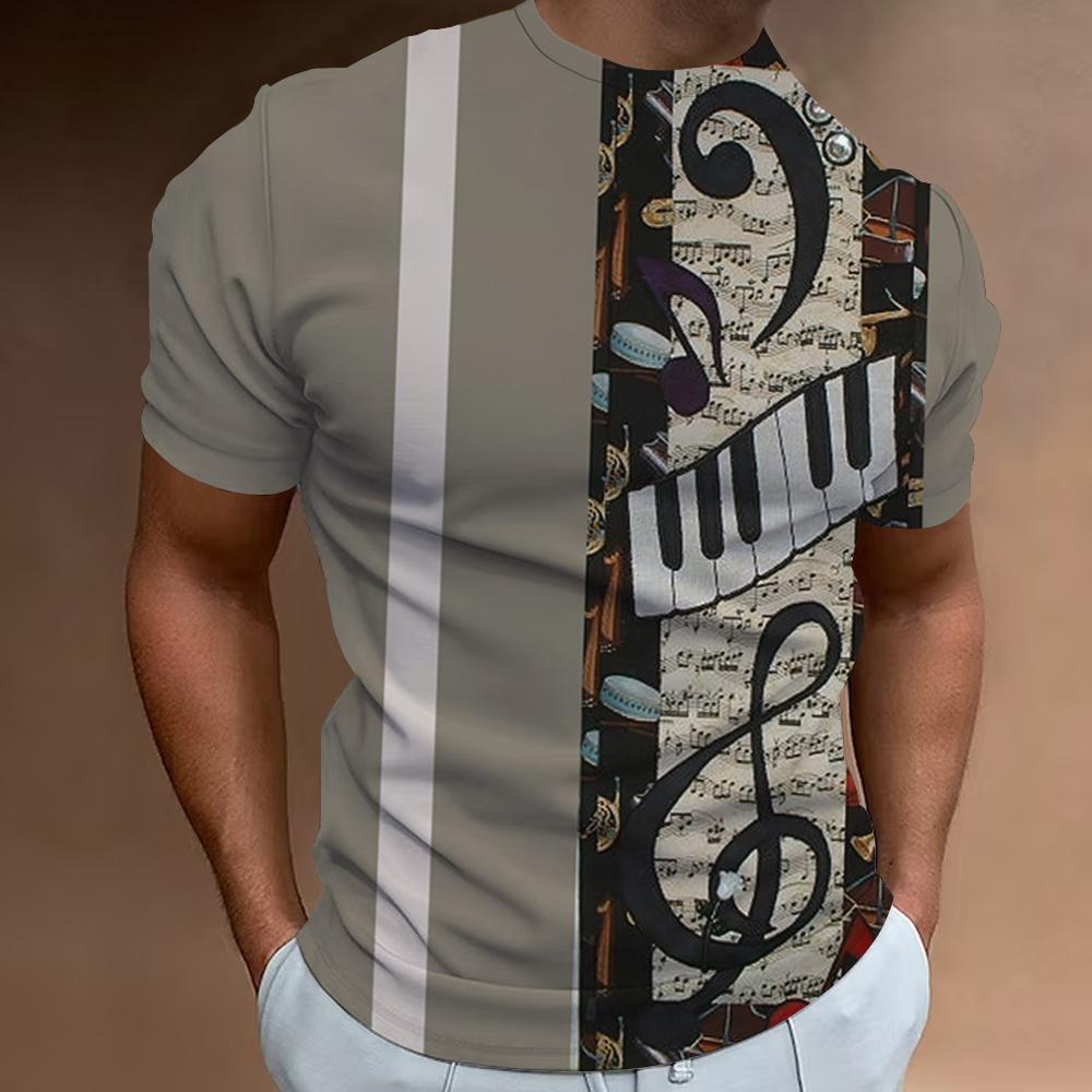 Music Note Pattern 3D Printing Retro Men's Daily Casual Short Sleeved Street Wear Summer Daily Casual Loose Round Neck Top Clothing