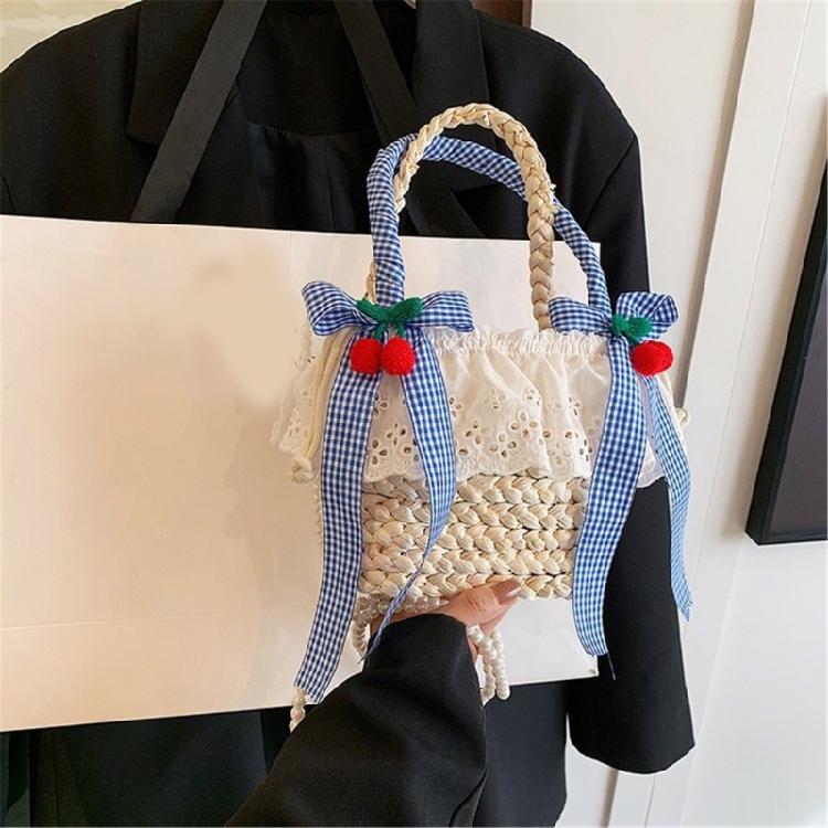 Cute Bowknot Woven Straw Handbag Beach Ruffle Lace Pearl Chain Crossbody Bag