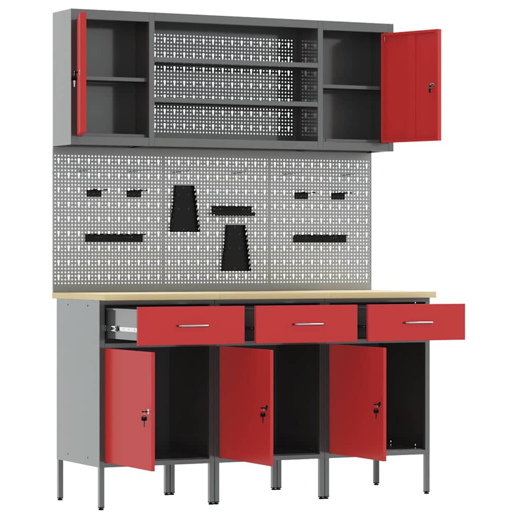 Workbench with Drawers 7 pcs Red Engineered Wood and Steel