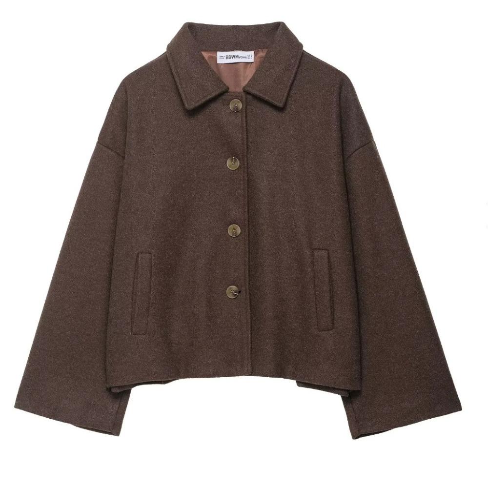 Casual Solid Single Breasted Wool Jacket Women Chic Lapel Long Sleeve Pleated Pocket Loose Coats Autumn High Street Overcoat