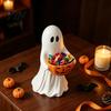 Lighted Ghost Decor Halloween Figurine with Pumpkin Candy Bowl, Cute Resin Statue, Freestanding Outdoor Garden Decoration Trick or Treat