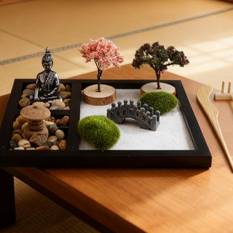 Japanese Zenes Garden for Desk Wood Sand Garden Zenes Decors Meditations Gift Sensory Therapy Tool Mindfulness Emotional