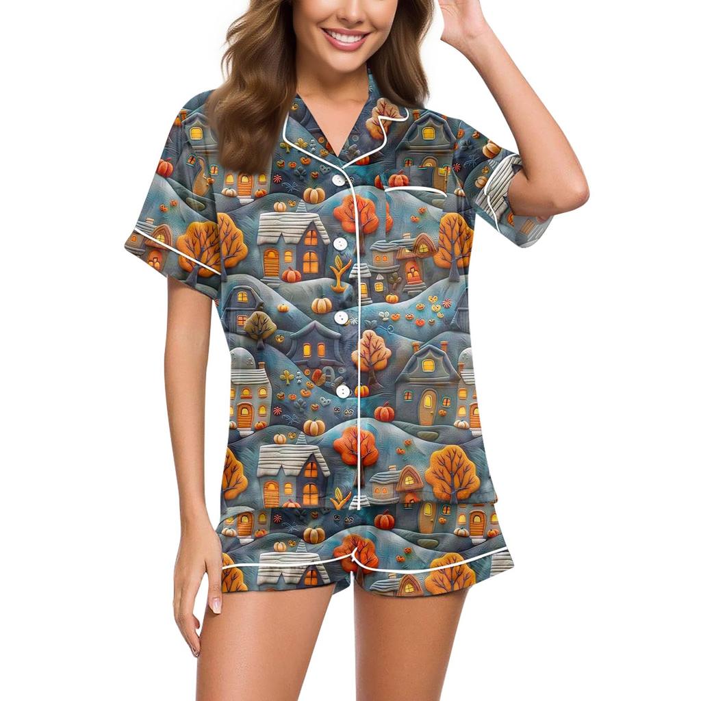 Женский повседневный модный домашний костюм с принтом на Хэллоуин, с коротким рукавом