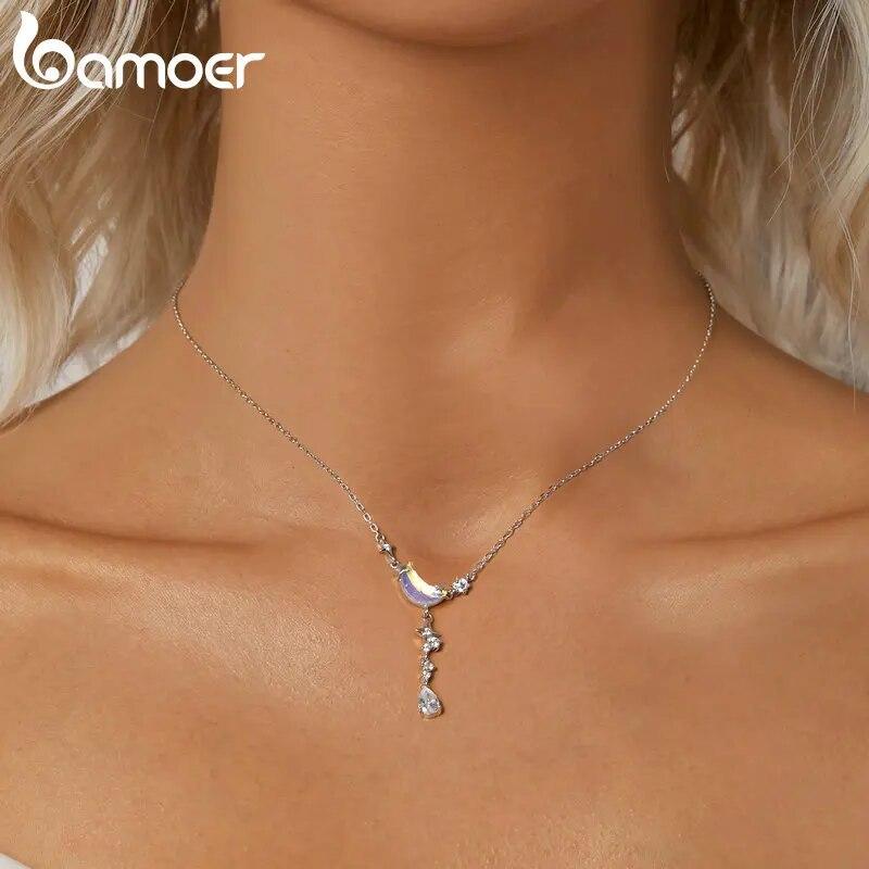Ювелирные изделия BAMOER из стерлингового серебра 925 пробы, ожерелье с подвеской в виде полумесяца и звезды для женщин и девочек-подростков, модное ожерелье с CZ
