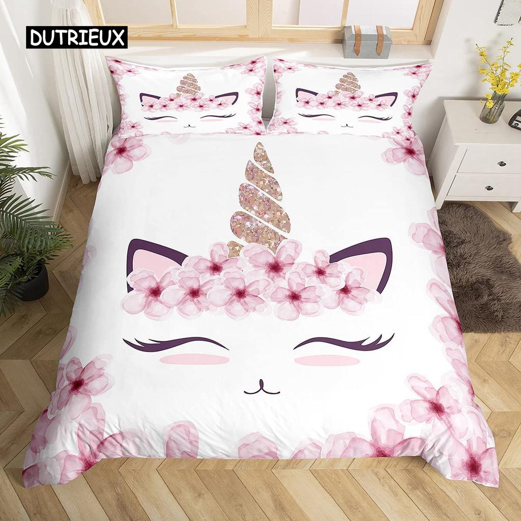Girls Cute Unicorn Duvet Cover Set Cartoon Animal Bedding Set Microfiber Floral Star Quilt Cover Twin King For Kids Teens Room