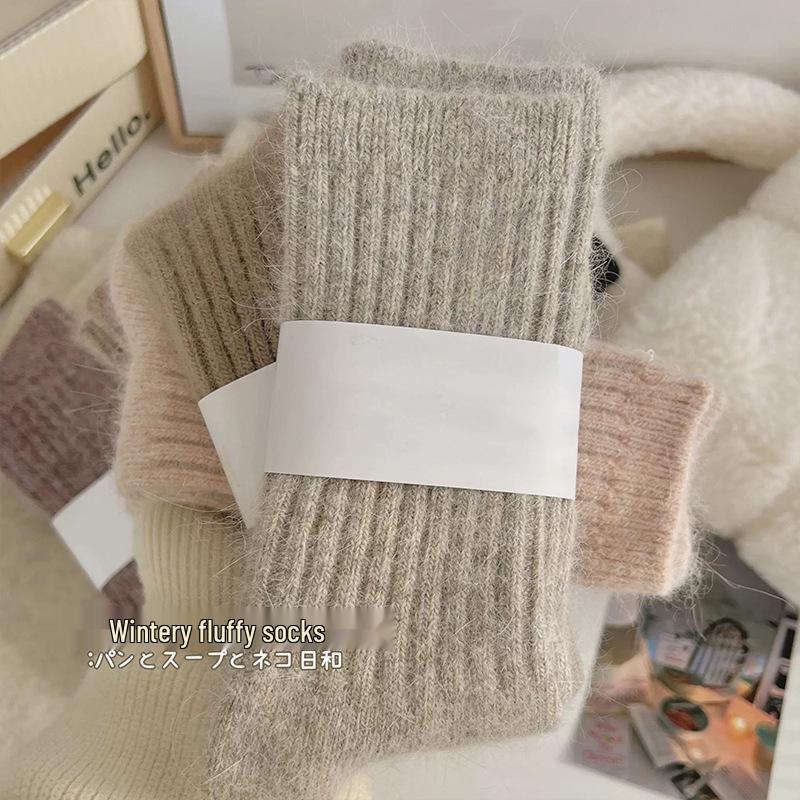 Women's Winter Fleece-Lined Mid-Calf Socks: Extra Thick, Soft, Ribbed, Japanese-Style, Solid Color, Perfect for Sleep or Home Use.