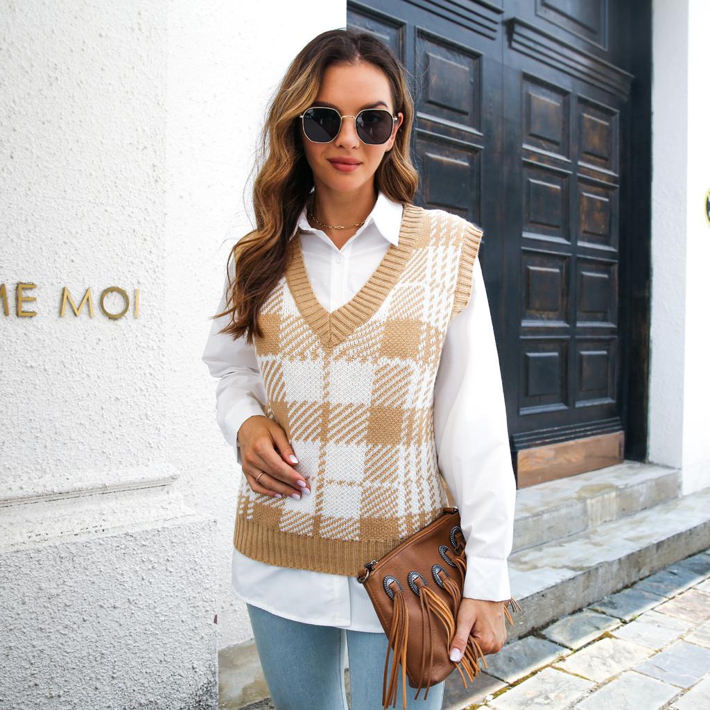 QICED Женская мода, повседневный клетчатый принт, осенне-зимние вязаные жилеты без рукавов с v-образным вырезом