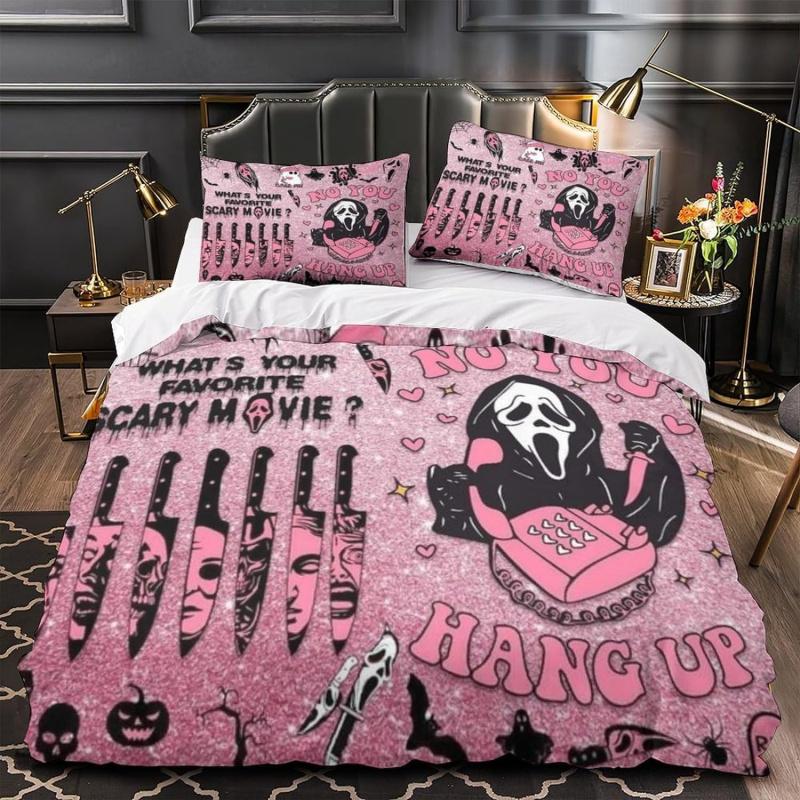 Halloween Bedding Set 3PCS Pink Cartoon Skeleton Comfortable Cover 'No You Hang Up' Funny Horror Ghost Design