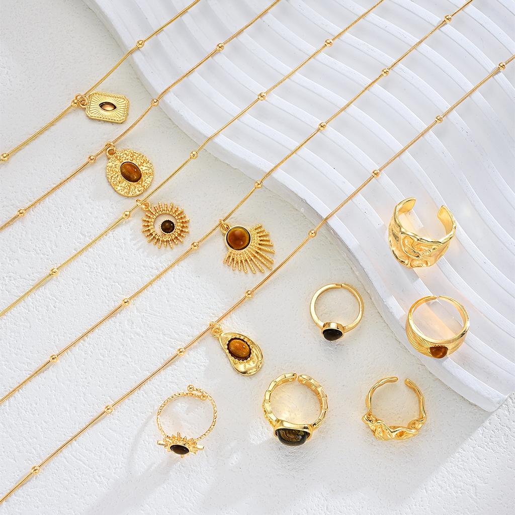 11 Pcs Vintage Brown Opal Jewelry Set for Women Maillard Gold Color Metal Geometric Pendant Necklaces and Rings Y2K Jewelry Gift