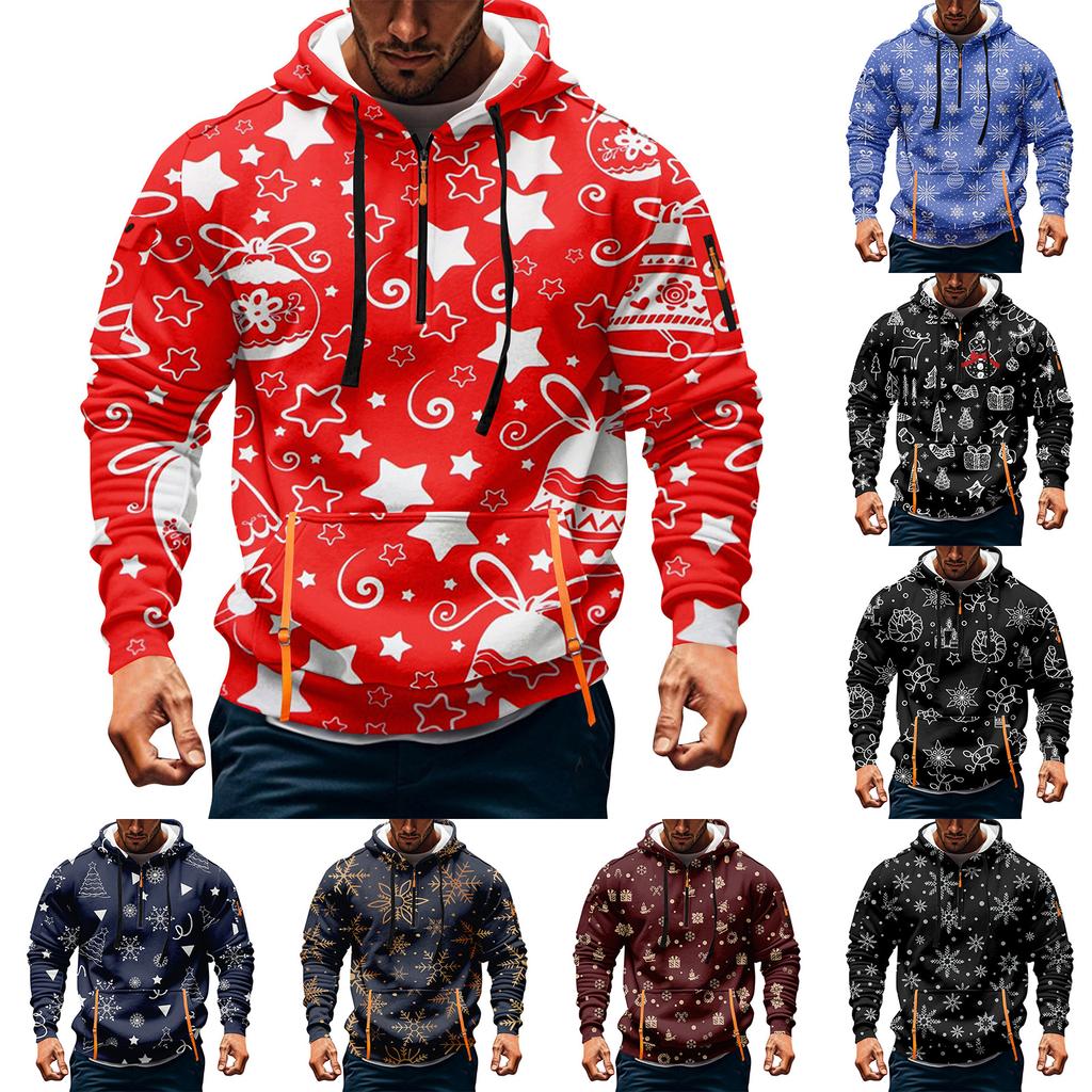 Мужская толстовка с капюшоном на молнии до середины, повседневная спортивная с рождественским принтом
