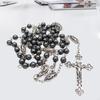 62KD Vintage Religion Rosary Necklace Hematite Stone Round Beads Chain with Jesus for Cross Pendant Necklace Catholic Jewelry