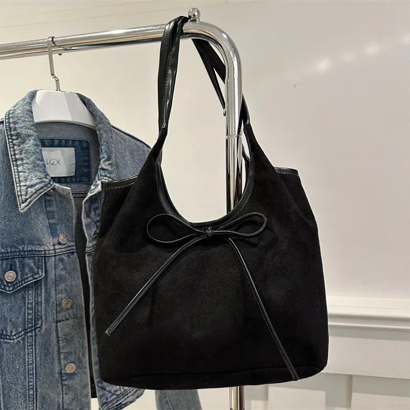 Fashion Bow Design Shoulder Bags for Women Vintage Faux Suede Ladies Commuter Underarm Tote Bag Female Large Capacity Handbags