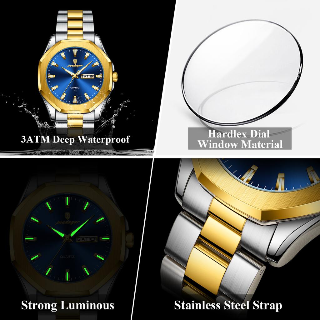 POEDAGAR Luxury Men Wristwatch Waterproof Luminous Week Date Original Man Watch Stainless Steel Sport Quartz Men's Watches
