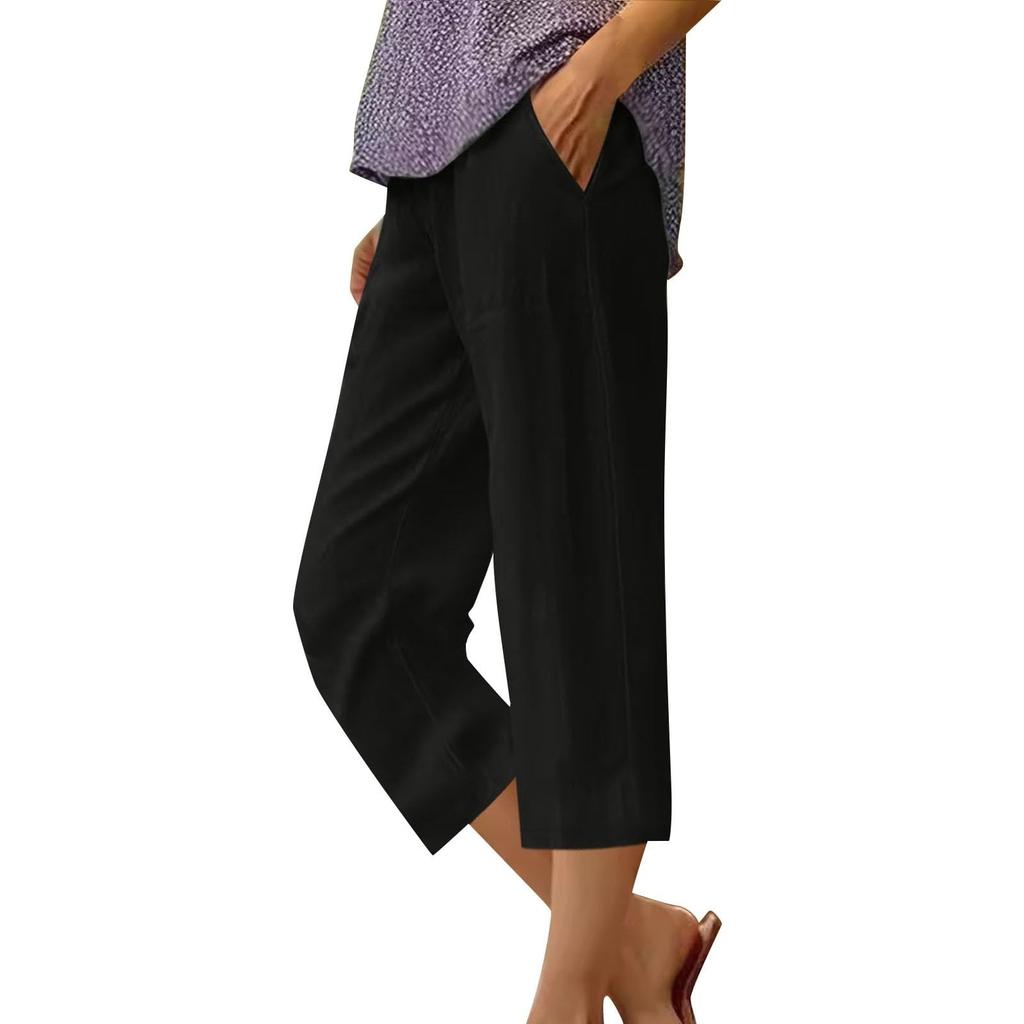 Женские модные однотонные свободные повседневные брюки с эластичной резинкой на талии и прямыми карманами длиной до икры