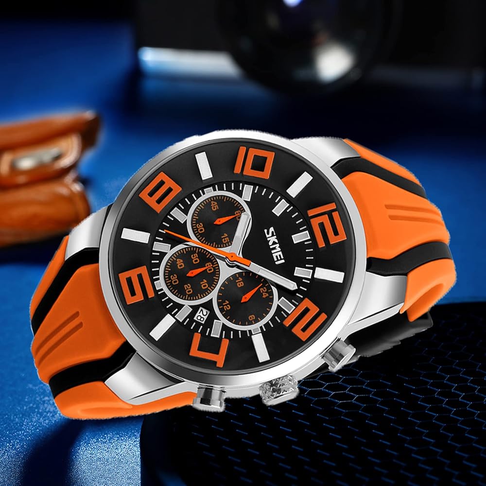 Мужские аналоговые часы-хронограф с большим циферблатом, оранжевый силиконовый ремешок, водонепроницаемые, повседневные, спортивные