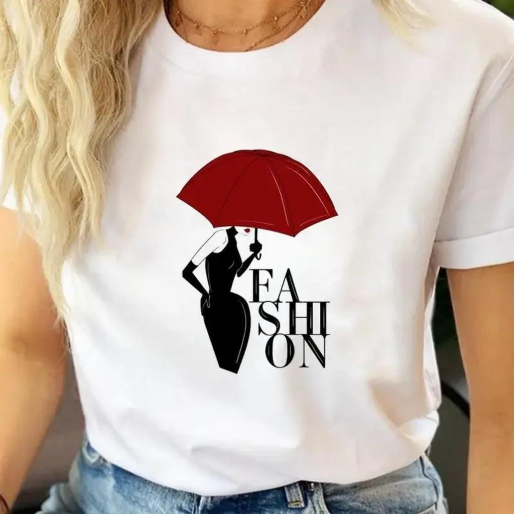 Fashionable Watercolor Cartoon Letter Women's T-shirt Short Sleeves Crew Neck Graphical Top European And American Cross-border W