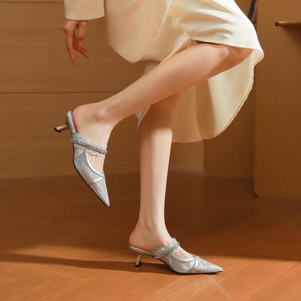 59015 High Heels Women's Thick Heel Summer 2025 New Bag Head Mesh Cool Slippers Pointed Rhinestone Single Shoes