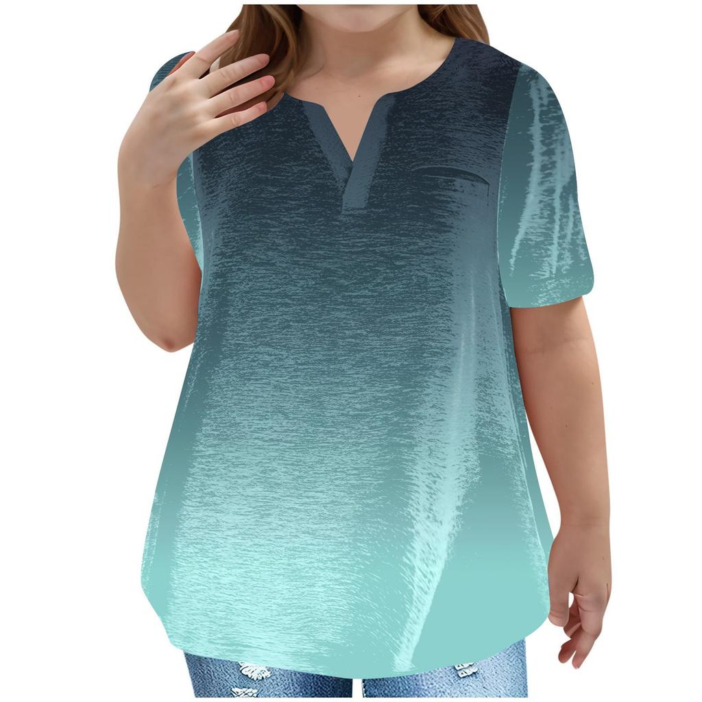 Children's Plus-size T-shirt Gradient Casual Fashion V-neck Short-sleeved Pocket Top